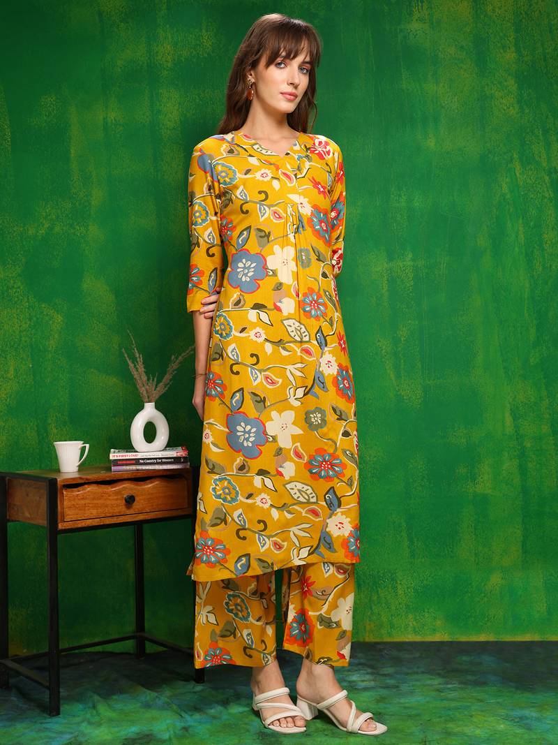 Yellow rayon floral printed ethnic kurta palazzo set