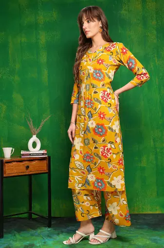 Yellow rayon floral printed ethnic kurta palazzo set