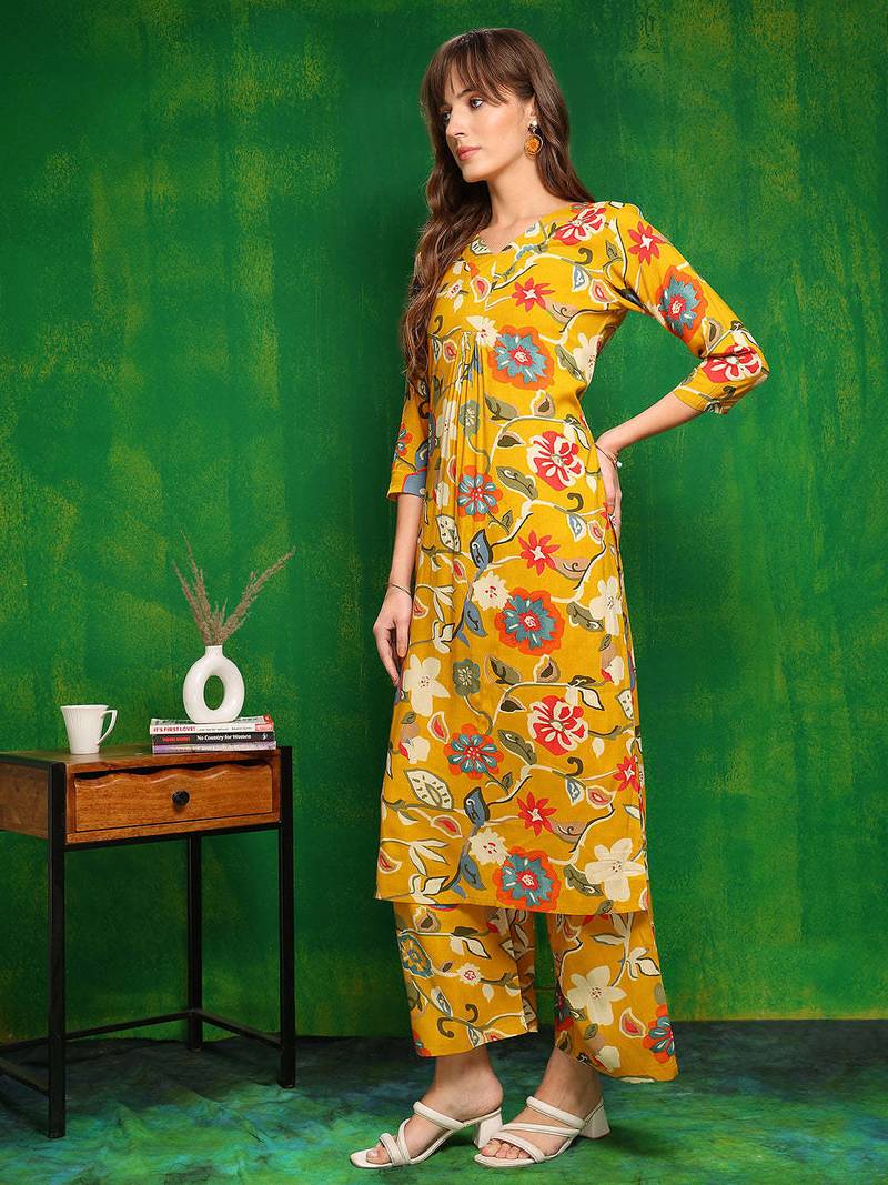 Yellow rayon floral printed ethnic kurta palazzo set