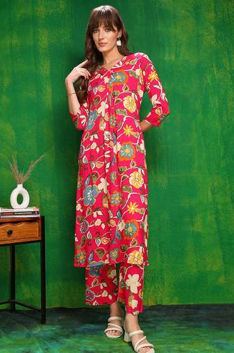 Pink rayon floral printed ethnic kurta palazzo set