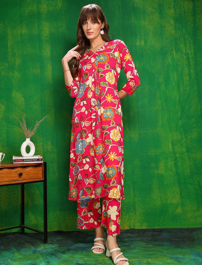 Pink rayon floral printed ethnic kurta palazzo set