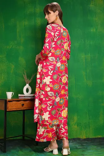 Pink rayon floral printed ethnic kurta palazzo set