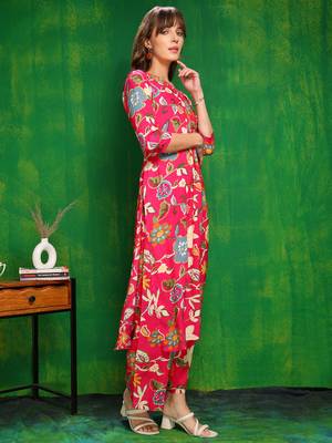 Pink rayon floral printed ethnic kurta palazzo set 4