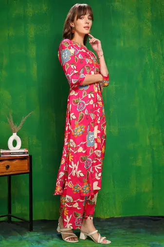 Pink rayon floral printed ethnic kurta palazzo set