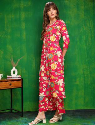 Pink rayon floral printed ethnic kurta palazzo set 5