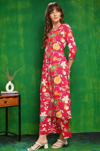 Pink rayon floral printed ethnic kurta palazzo set