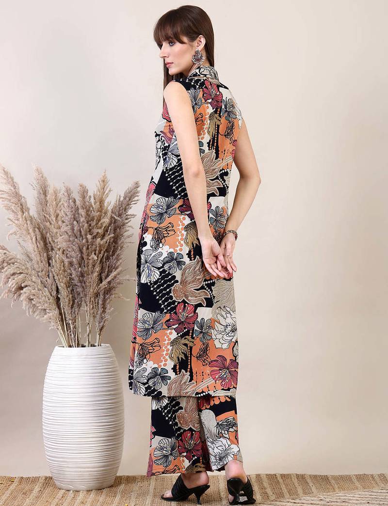 Multicolor rayon floral printed ethnic kurta palazzo set