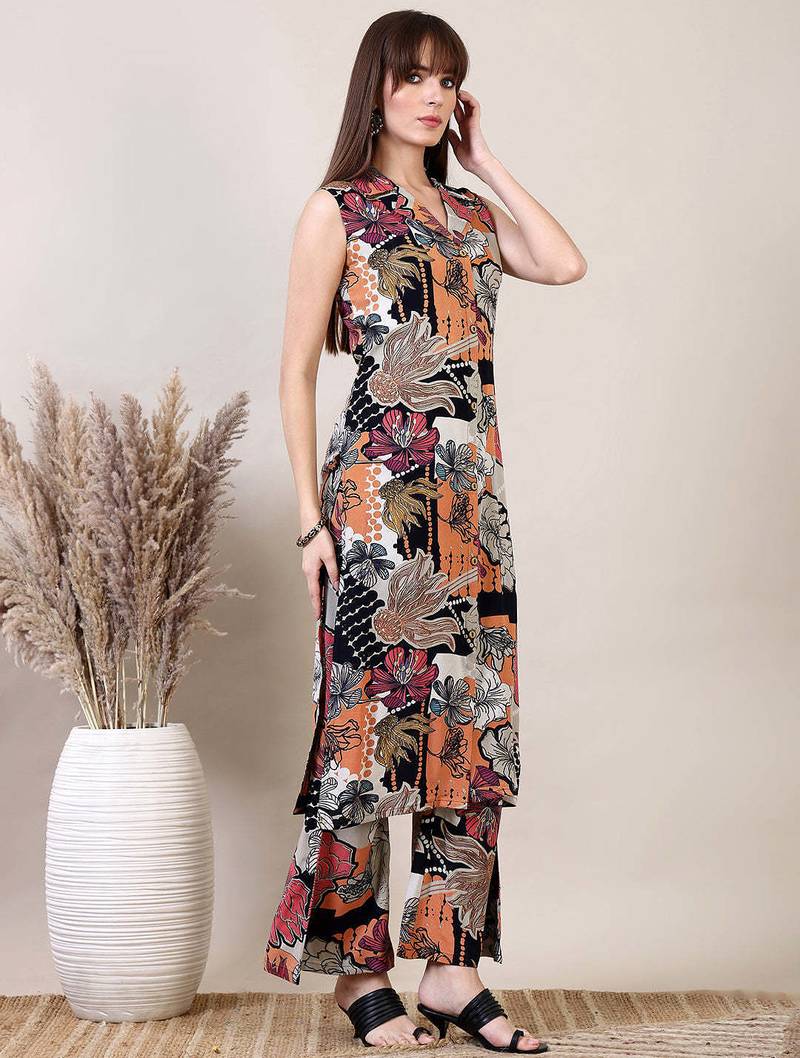 Multicolor rayon floral printed ethnic kurta palazzo set