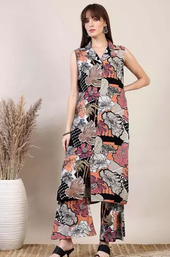 Multicolor rayon floral printed ethnic kurta palazzo set