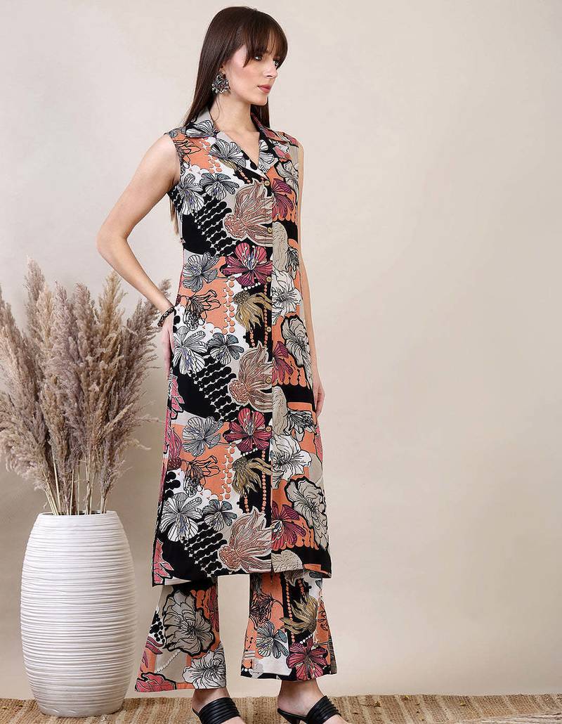 Multicolor rayon floral printed ethnic kurta palazzo set