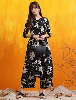 Black rayon floral printed ethnic kurta palazzo set 1