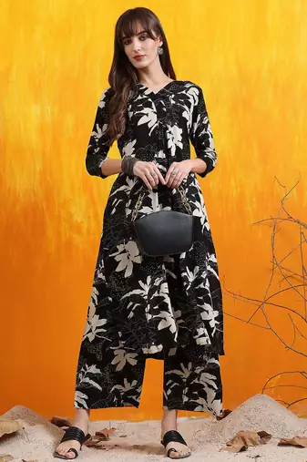 Black rayon floral printed ethnic kurta palazzo set