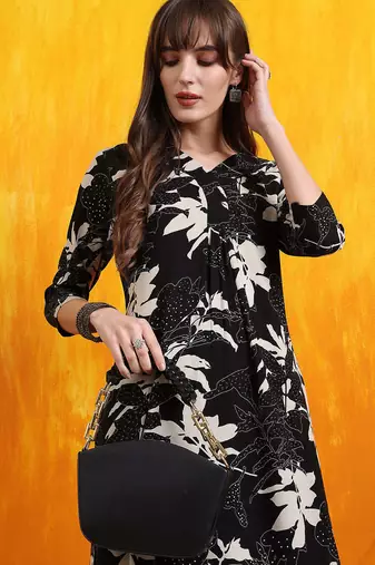 Black rayon floral printed ethnic kurta palazzo set