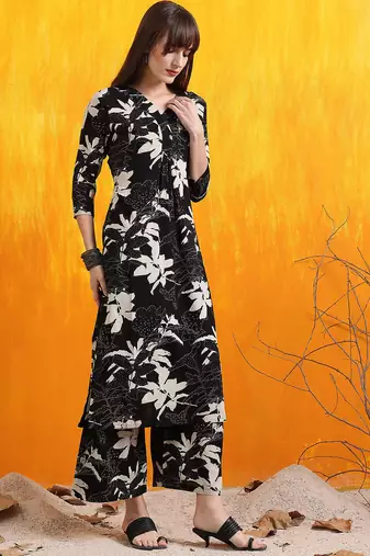 Black rayon floral printed ethnic kurta palazzo set