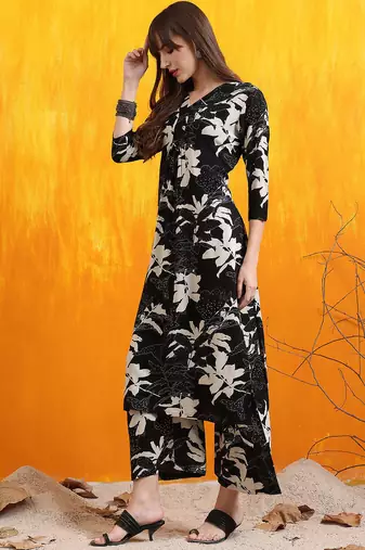 Black rayon floral printed ethnic kurta palazzo set