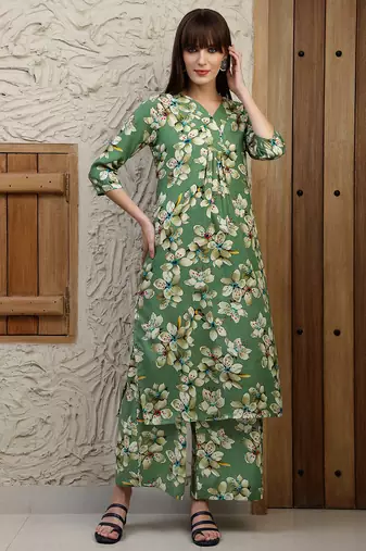 Green rayon floral printed ethnic kurta palazzo set