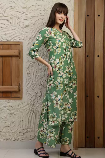 Green rayon floral printed ethnic kurta palazzo set