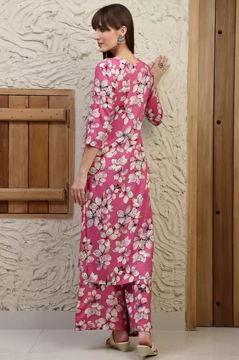 Pink rayon floral printed ethnic kurta palazzo set