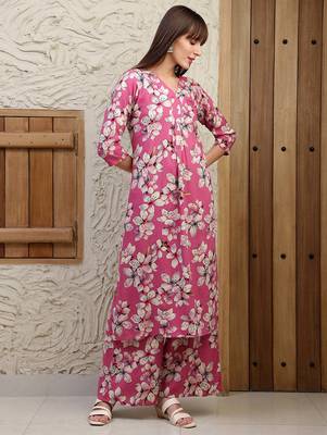 Pink rayon floral printed ethnic kurta palazzo set 5