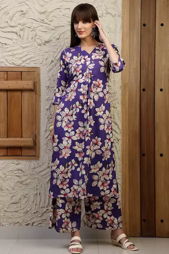 Purple rayon floral printed ethnic kurta palazzo set