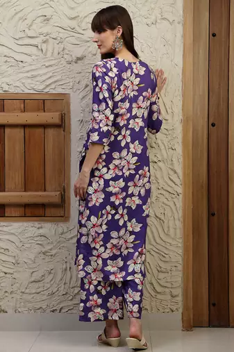 Purple rayon floral printed ethnic kurta palazzo set