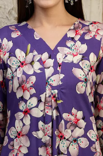 Purple rayon floral printed ethnic kurta palazzo set