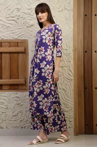 Purple rayon floral printed ethnic kurta palazzo set