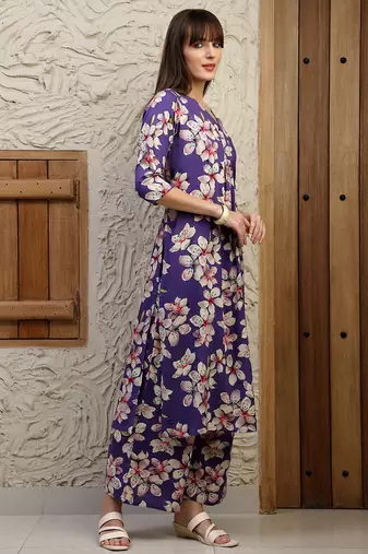 Purple rayon floral printed ethnic kurta palazzo set