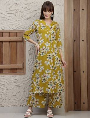 Mustard rayon floral printed ethnic kurta palazzo set 1