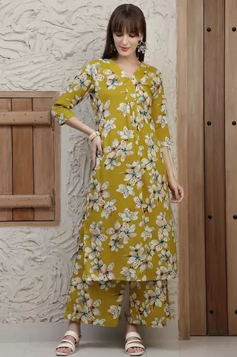 Mustard rayon floral printed ethnic kurta palazzo set