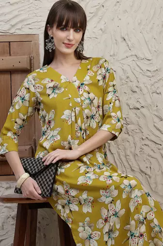 Mustard rayon floral printed ethnic kurta palazzo set