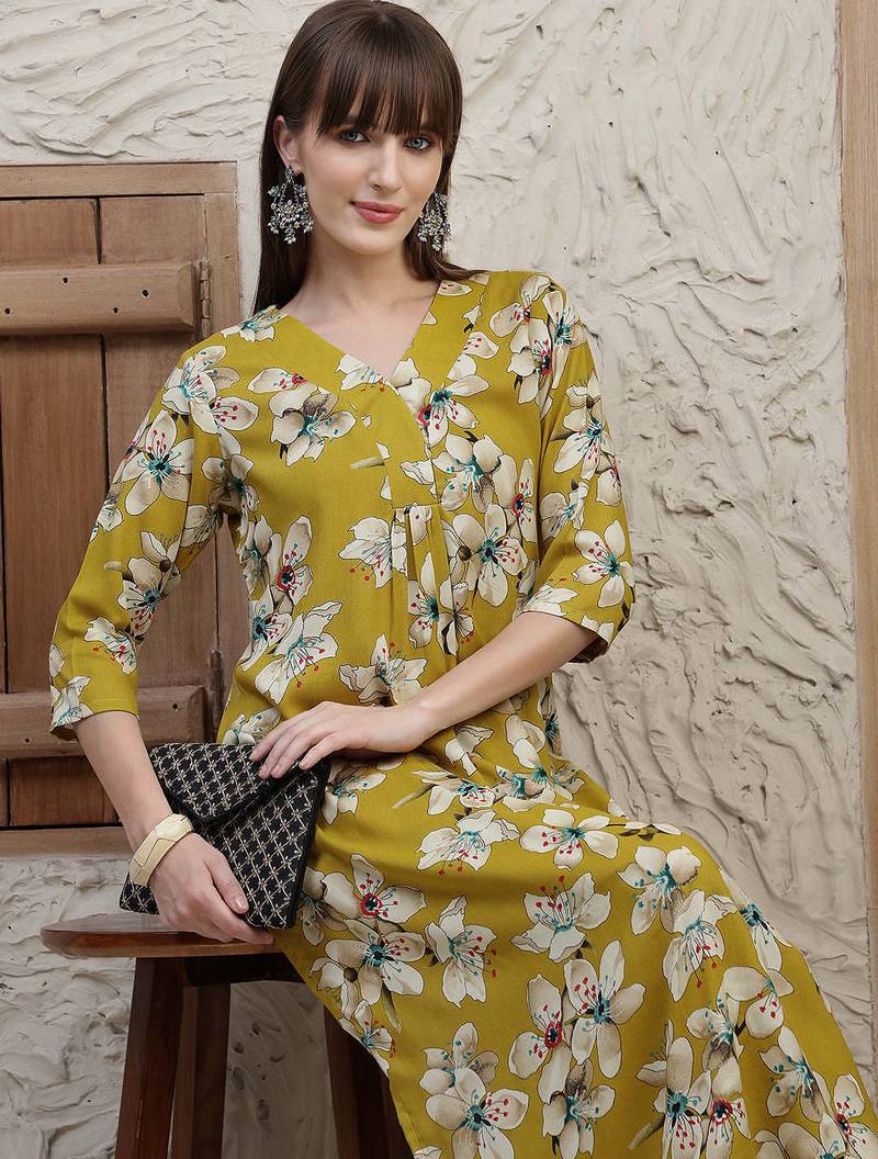 Mustard rayon floral printed ethnic kurta palazzo set