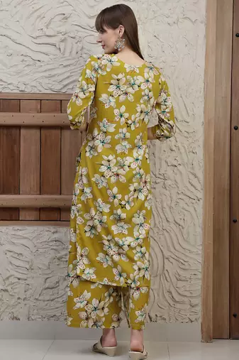 Mustard rayon floral printed ethnic kurta palazzo set