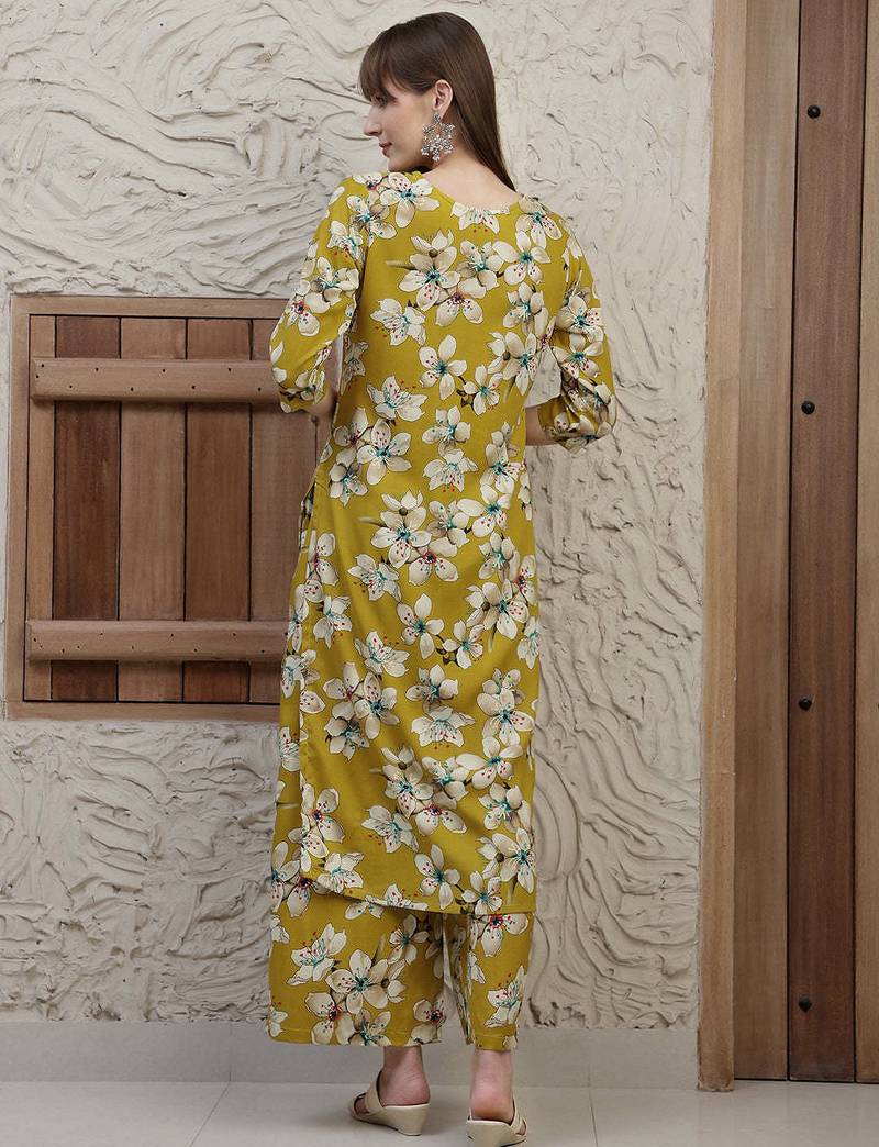Mustard rayon floral printed ethnic kurta palazzo set