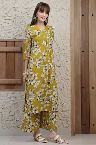 Mustard rayon floral printed ethnic kurta palazzo set