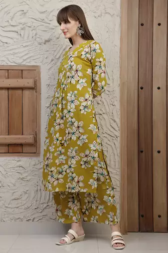 Mustard rayon floral printed ethnic kurta palazzo set