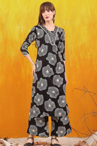 Black rayon geometric printed ethnic kurta palazzo set