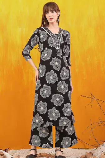 Black rayon geometric printed ethnic kurta palazzo set