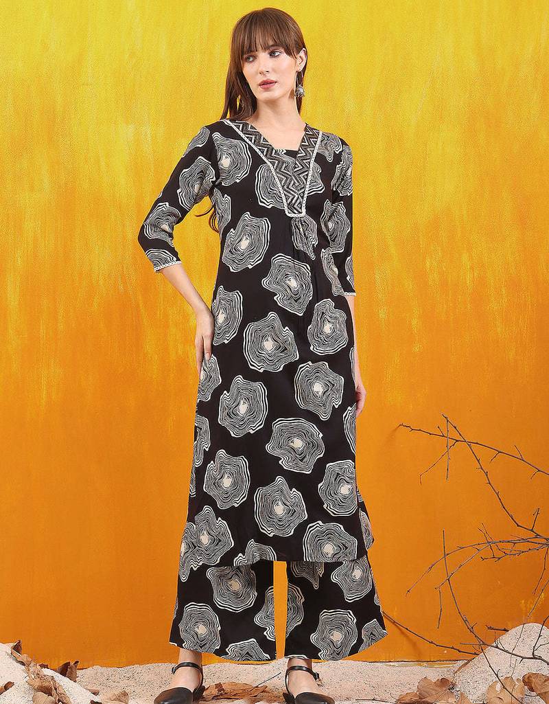 Black rayon geometric printed ethnic kurta palazzo set