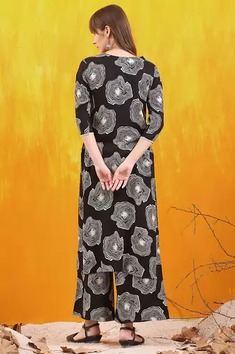 Black rayon geometric printed ethnic kurta palazzo set