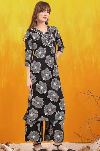 Black rayon geometric printed ethnic kurta palazzo set