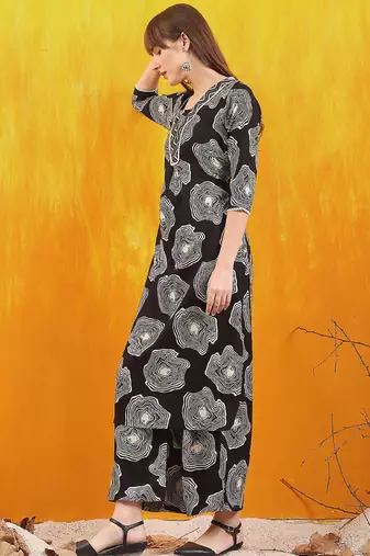 Black rayon geometric printed ethnic kurta palazzo set