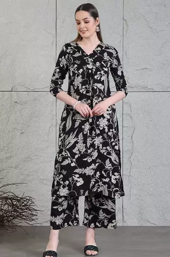 Black rayon floral printed ethnic kurta palazzo set