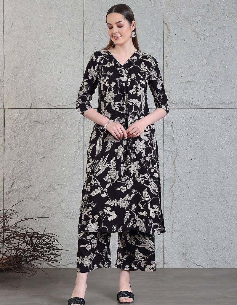 Black rayon floral printed ethnic kurta palazzo set