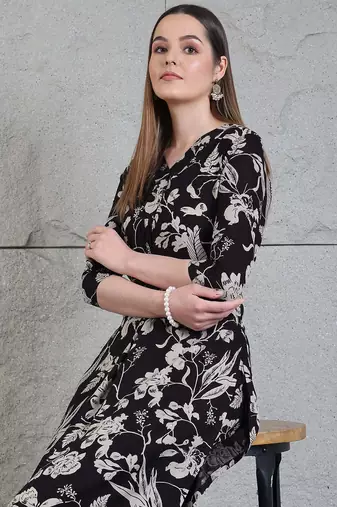 Black rayon floral printed ethnic kurta palazzo set