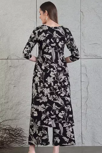 Black rayon floral printed ethnic kurta palazzo set
