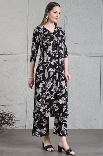 Black rayon floral printed ethnic kurta palazzo set