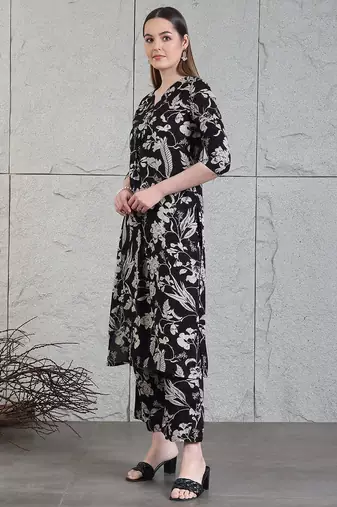 Black rayon floral printed ethnic kurta palazzo set