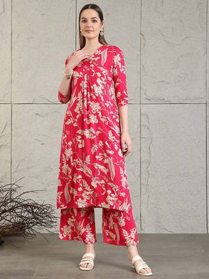 Pink rayon floral printed ethnic kurta palazzo set 1