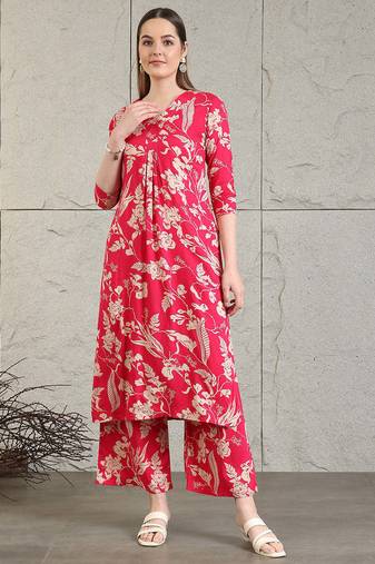 Pink rayon floral printed ethnic kurta palazzo set